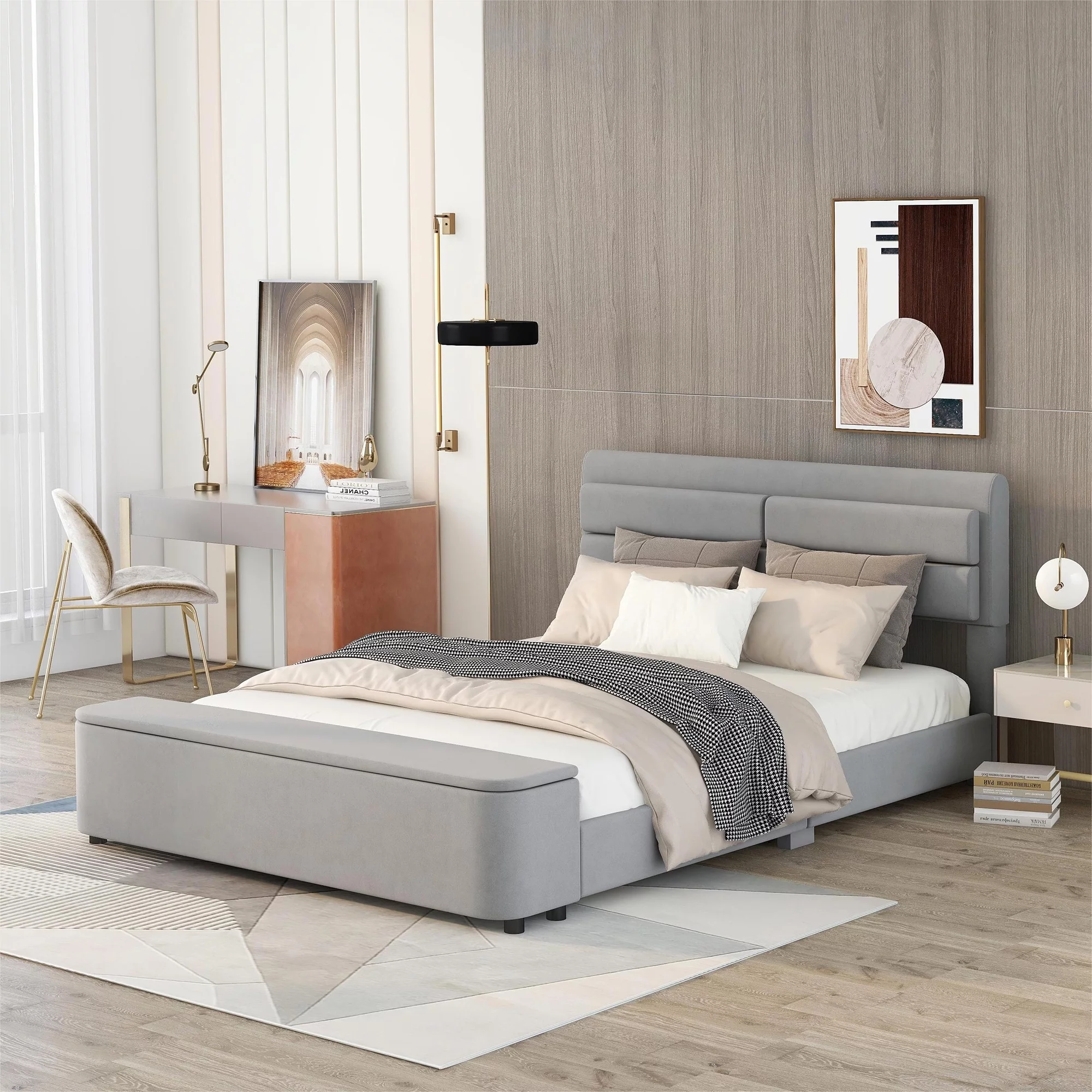 Dawn Whisper Queen Size Upholstery Platform Bed with Storage Headboard and Footboard, Support Legs, Grey