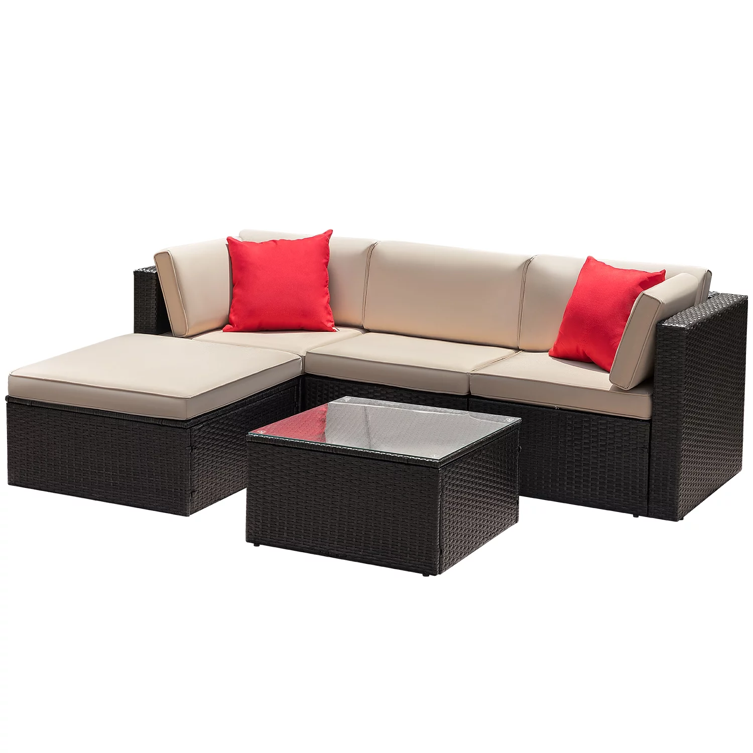 LACOO 5 Pieces Patio Sectional Set PE Rattan Outdoor All-Weather Wicker Conversation Set with Table, Beige