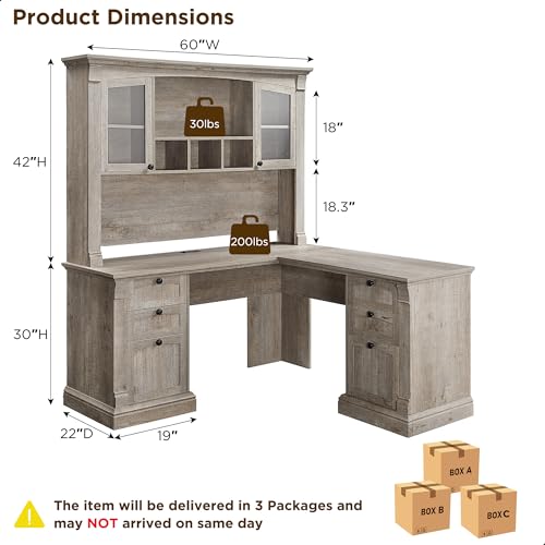 OKD 60" Executive Desk with Drawers, Farmhouse Home Office Desk with Charging Station, Keyboard Tray, File Cabinet Storage