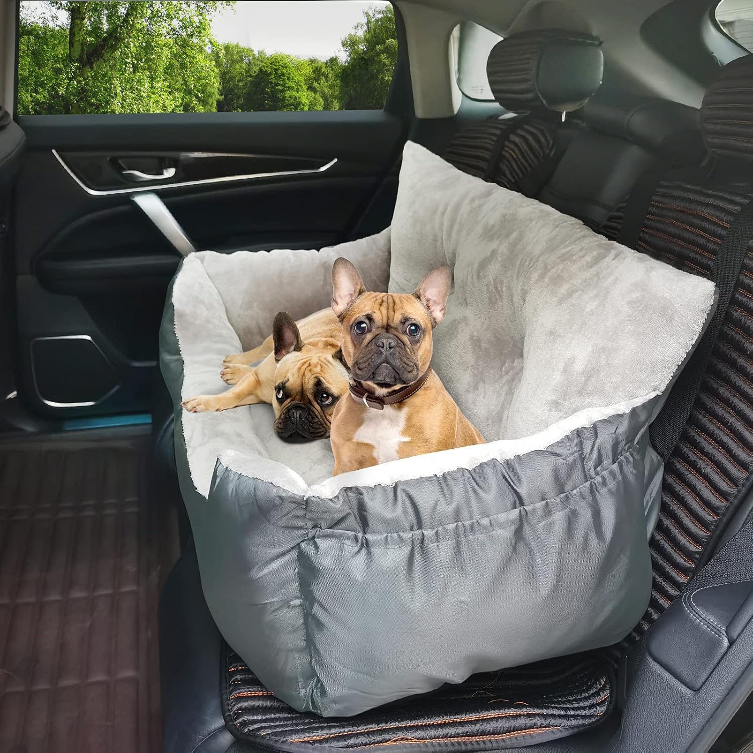 Dog Car Seat,Puppy Booster Seat Dog Travel Car Bed with Storage Pocket and Clip-on Safety Leash Removable Washable Cover for Small Dog (Grey
