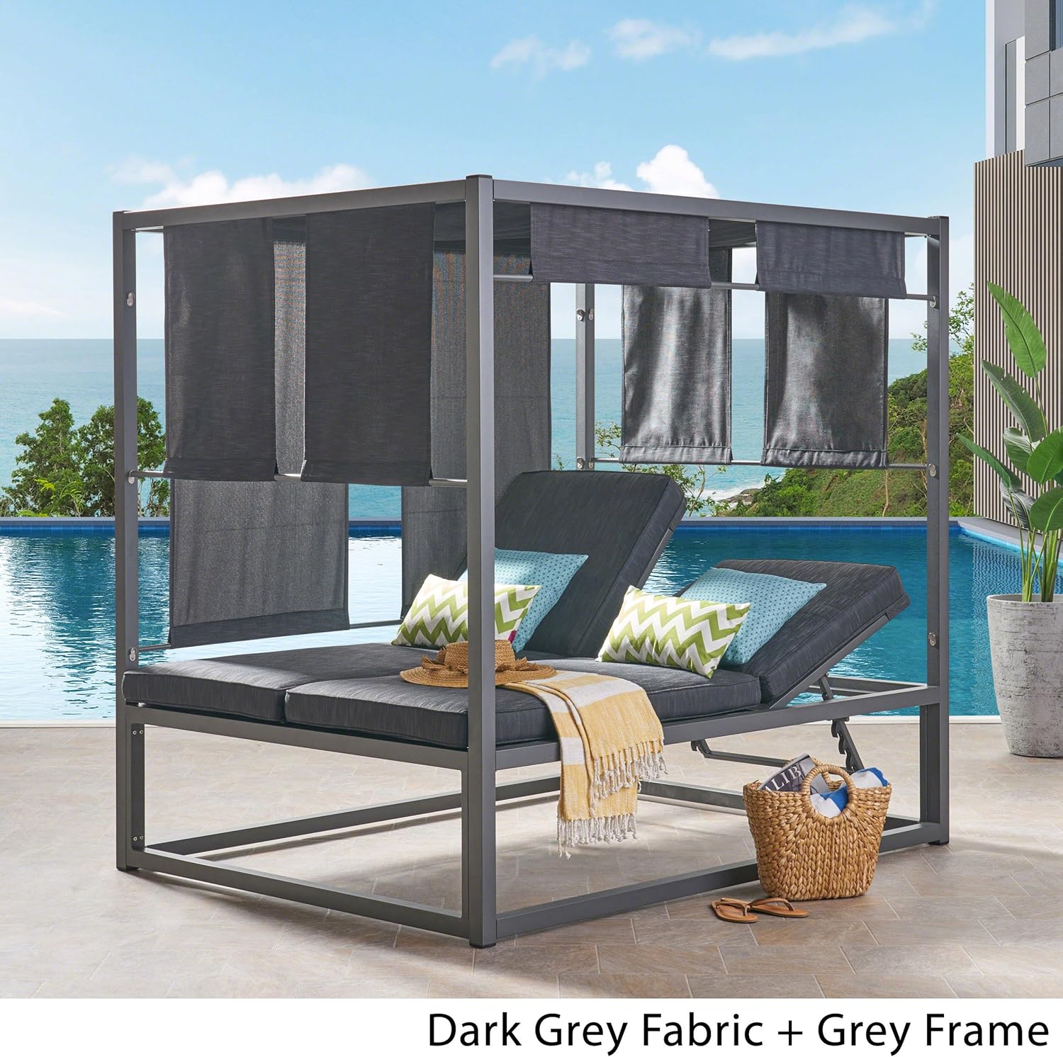 Christopher Knight Home 304847 Amos Outdoor Aluminum Daybed with Canopy, Dark Grey Fabric/Grey Frame