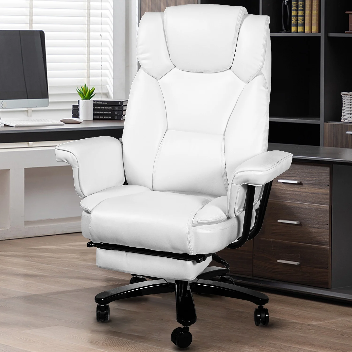 SeekFancy High Back Executive Office Chair, Ergonomic PU Leather Office Chair Heavy Duty Computer Desk Chair Reclining Office Chair with Footrest