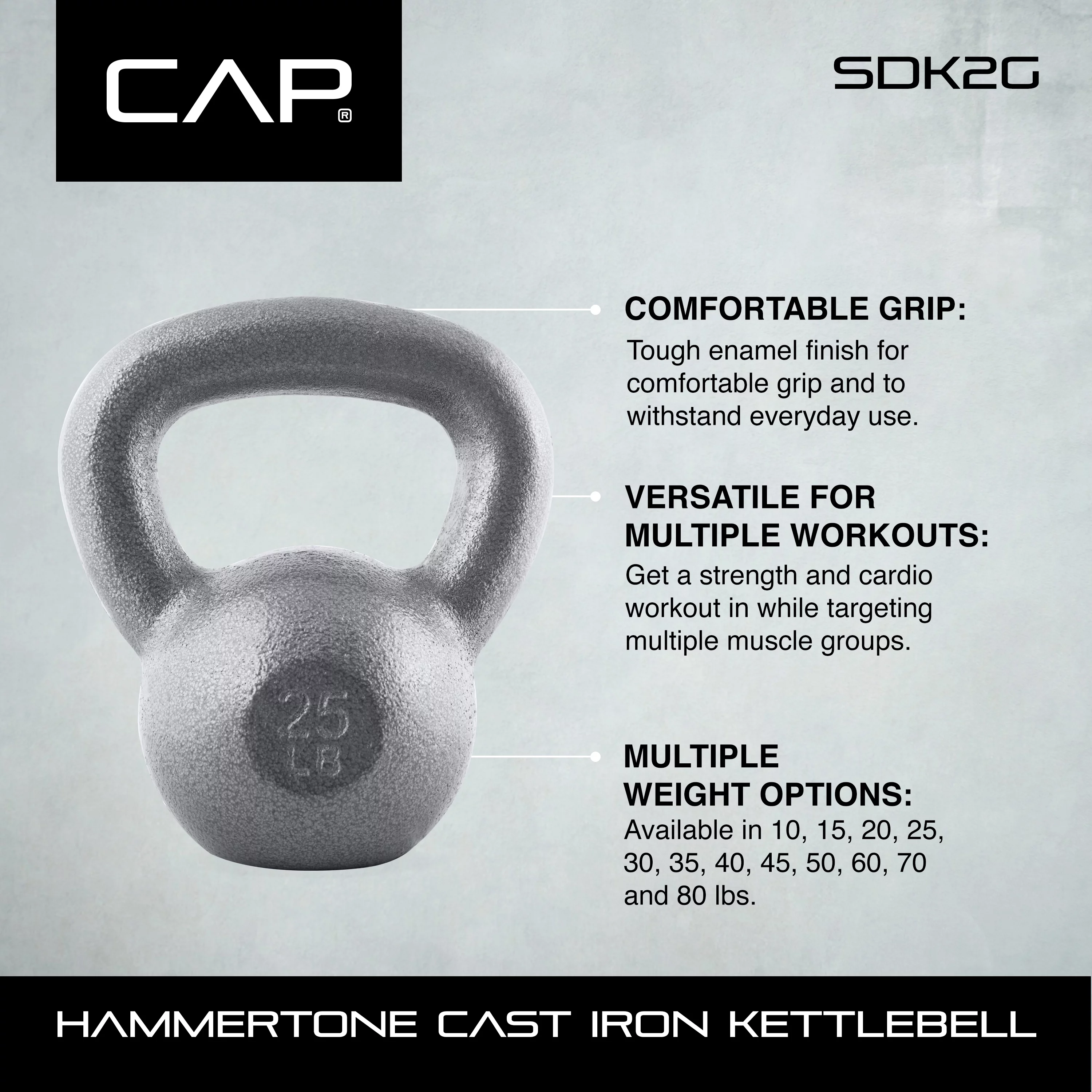 CAP Barbell Cast Iron Kettlebell, Single, 10-80 Pounds
