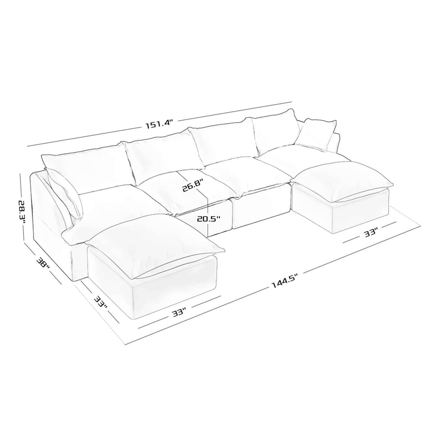 Indecor Home Sectional Sofa U Shape 4 Seater with 2 Ottomans Convertible Couch Linen Blend Sofa Set for Living Room Furniture White
