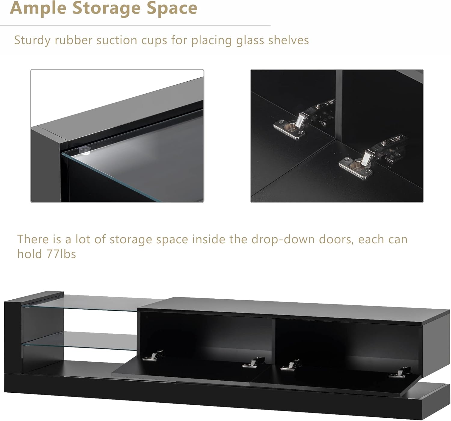 CITYLIGHT High Gloss TV Stand with LED Lights and 2 Media Storage Cabinets, Modern High Gloss Entertainment Center for 75 Inch TV