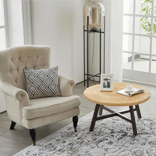 RANDEFURN Coffee Table Round, Seagrass Coffee Tables,Pine Wood X Base Frame Cocktail Table, Easy Assembled, Multiple Sizes for Living Room