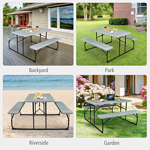GYMAX Picnic Table, 550 LBS Folding Picnic Tables with Benches & Seats, Weather-Resistant Easy Setup Portable Picnic Table