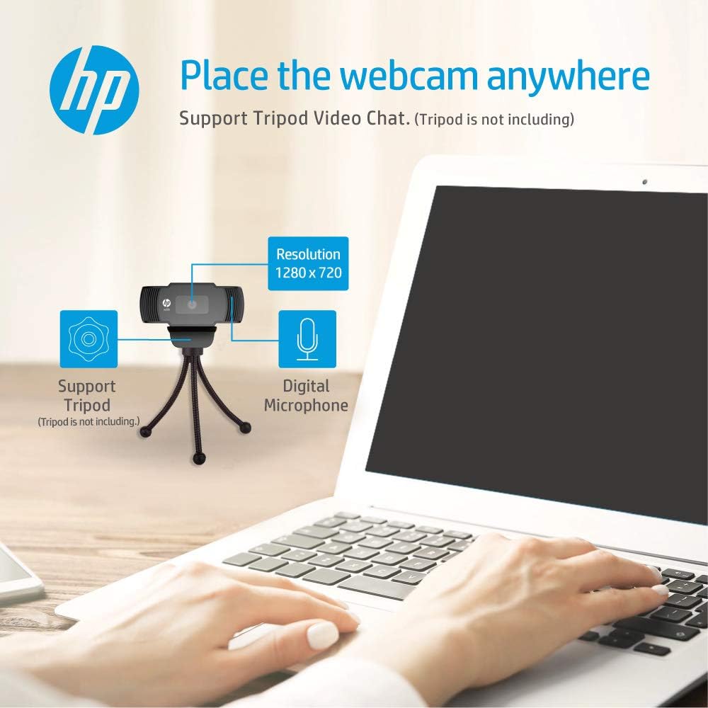 HP W200 Webcam, 720P HD, UVC Plug and Play, Built-in Microphone