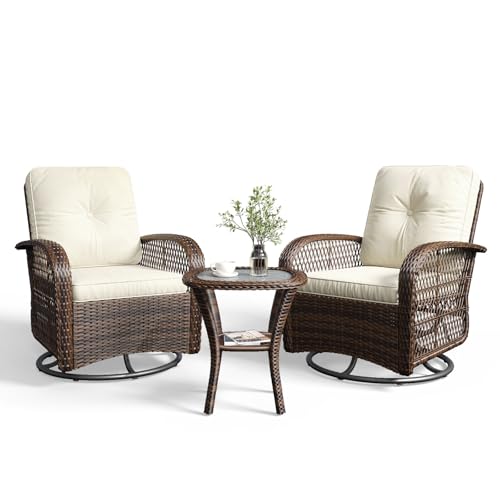 Aoxun 3 Pieces Patio Furniture Set, Patio Swivel Rocker Chairs Set of 2, Wicker Outdoor Bistro Set with Rocking Chair