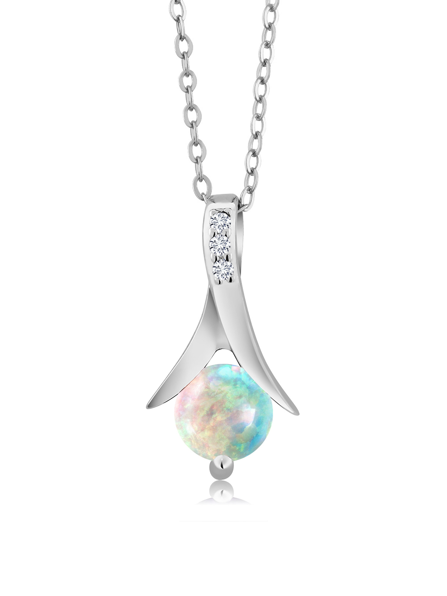 Gem Stone King 1.05 Ct Round Cabochon White Simulated Opal G-H Lab Grown Diamond 925 Sterling Silver Pendant with Chain