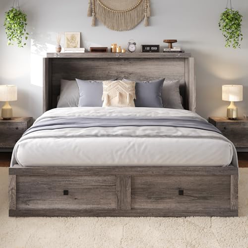 Full Size Murphy Bed with Charging Station, Cabinet Bed with Large Storage Drawer for Home Office or Small Room, Full Foldable Platform Bed, White