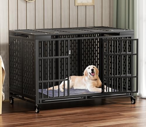 48/42/38 Inch Heavy Duty Dog Crate with Wheels, Folding Metal Big Dog Cage for Large and Medium Dogs