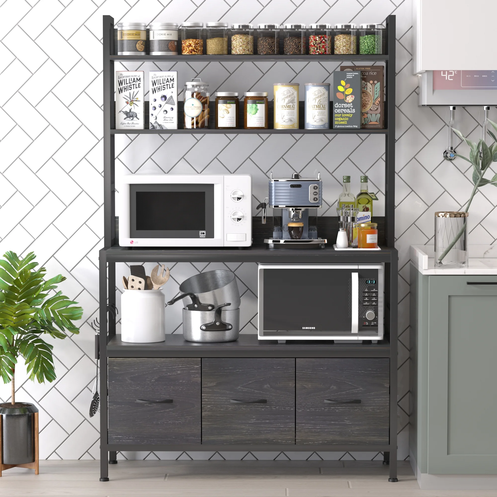 NAIYUFA Bakers Rack 5-Tier Wood Kitchen Storage Shelf with Baskets and Hooks Industrial Microwave Oven Stand,Black