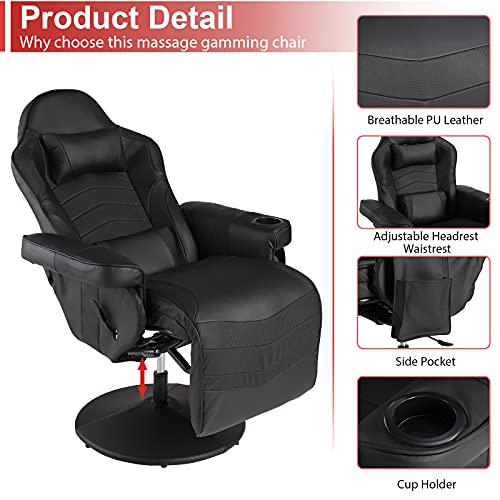 Massage Video Gaming Recliner Chair - Ergonomic Backrest & Seat Height Adjustment Swivel Recliner