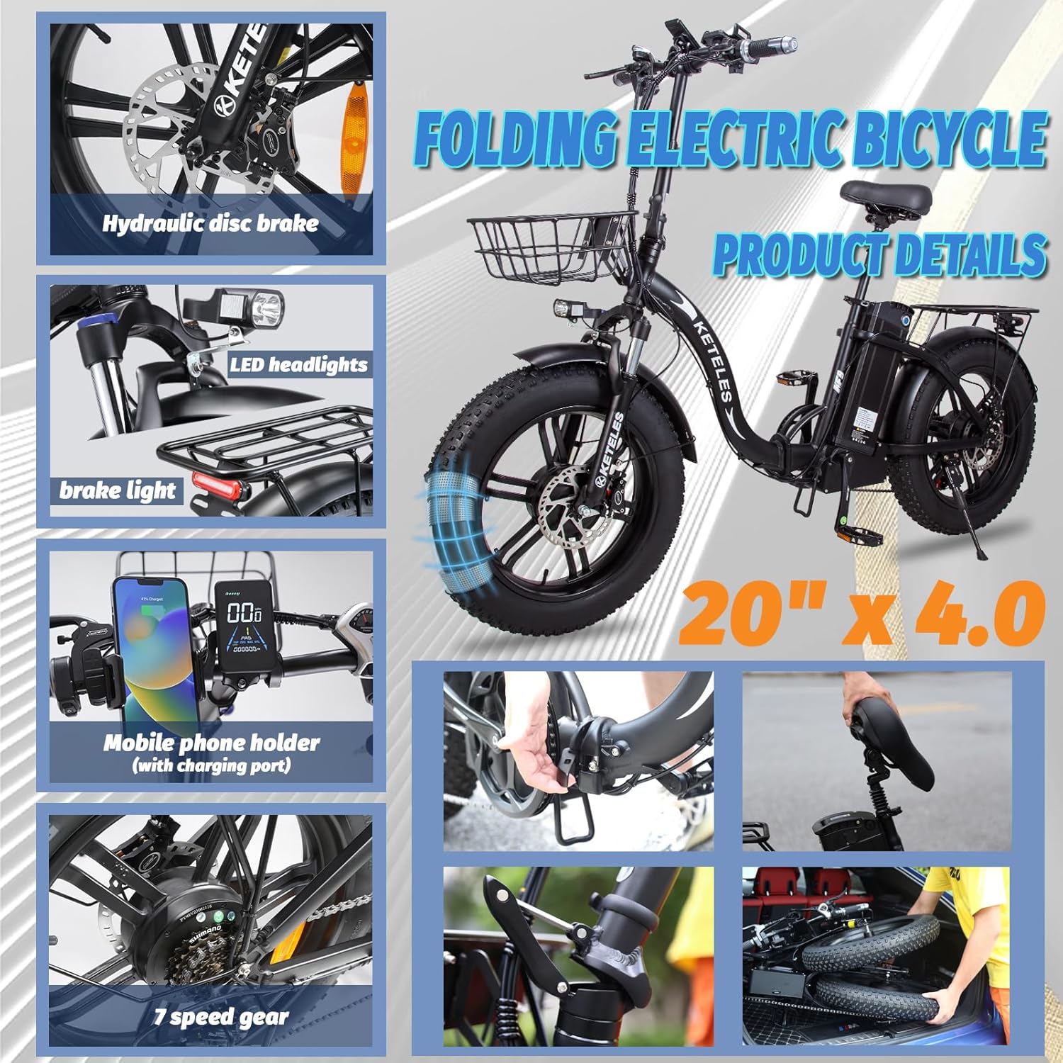 Electric Bike for Adults 2000W Folding Electric Bike Ebike with 48V 23AH Removable Battery 20''x 4.0 Fat Tire Electric Bicycle Long Range E Bike with