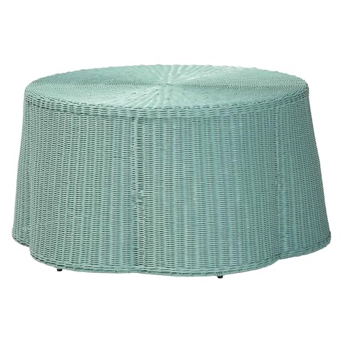 bali & pari Palm Scalloped Rattan Coffee Table - Handwoven Wicker Round Accent Table for Living Room Patio or Sunroom, Coastal Boho Style, White