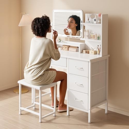 Makeup Vanity Desk with Mirror and Lights, Small Vanity with Fabric Storage Drawer & Chair & Shelves, White Compact Makeup Vanity Set for Bedroom