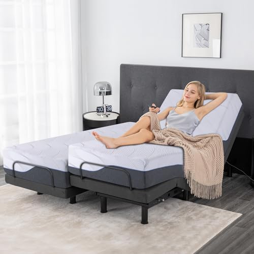 Split King Adjustable Bed Frame with Mattress, 12 Inch Grey Gel Memory Foam Medium-Firm Mattress in Box