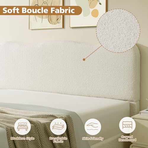 VELOCAVA Queen Size Lift-Up Storage Bed, Upholstered Boucle Bed with Curved Headboard, Rounded Corners, Sturdy Wooden Slat Support