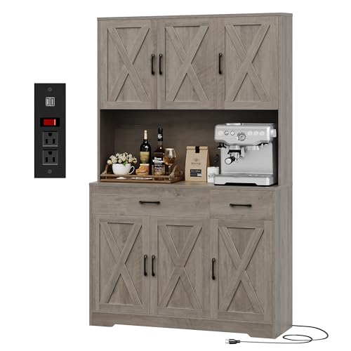 HOSTACK 71" Pantry Cabinet with Charging Station, Tall Kitchen Pantry Storage Cabinet with Microwave Stand