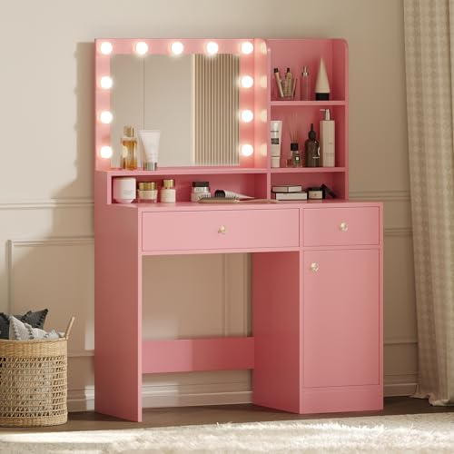 Vanity Desk with Mirror and Lights, Diamond Edition Vanity Desk, Makeup Vanity Table with 3 Drawers & 5 Open Shelves