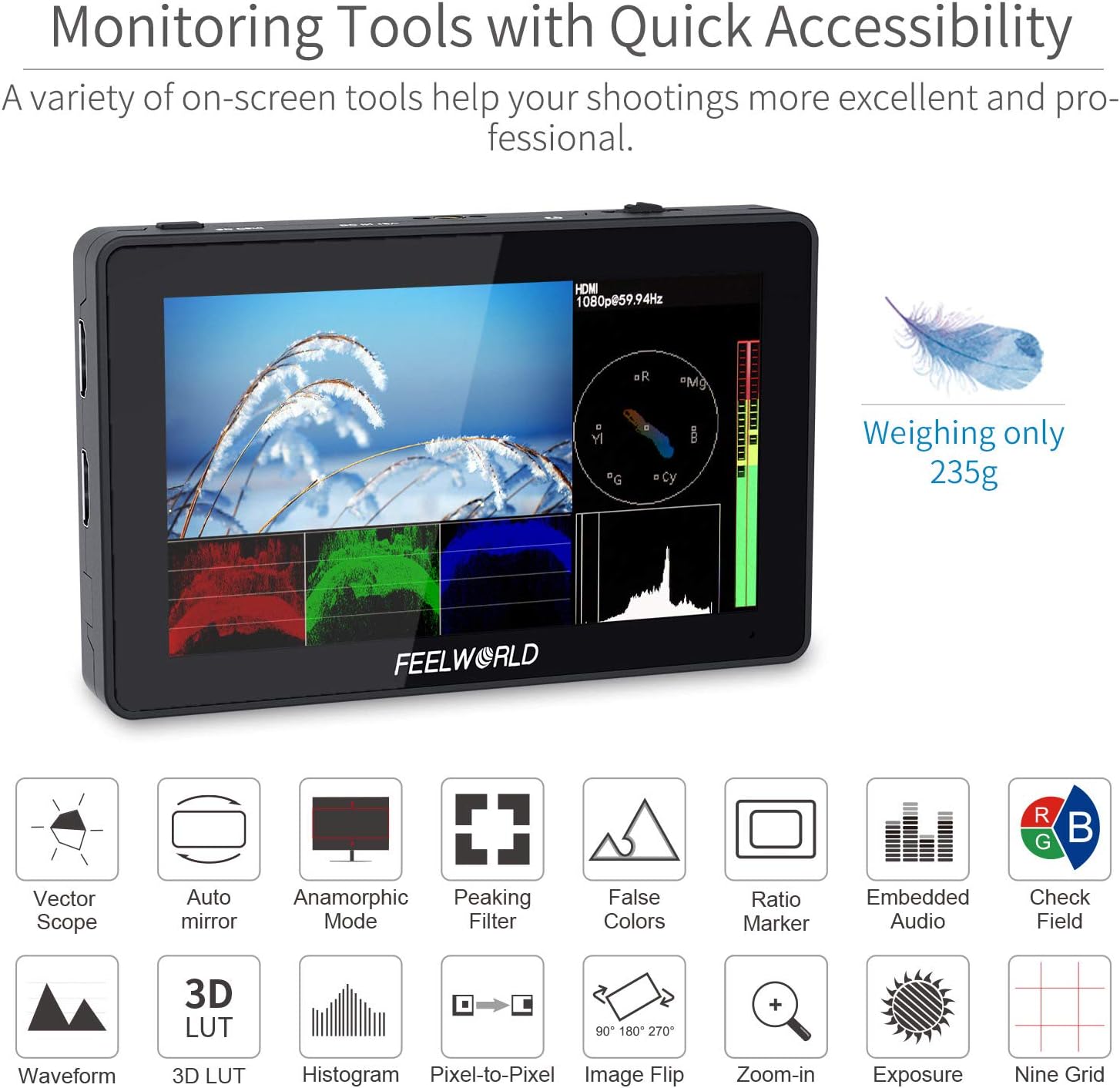 FEELWORLD F6 Plus 5.5 inch DSLR Camera Field Touch Screen Monitor with HDR 3D Lut Small Full HD 1920x1080 IPS Video Peaking Focus Assist 4K HDMI 8.4V