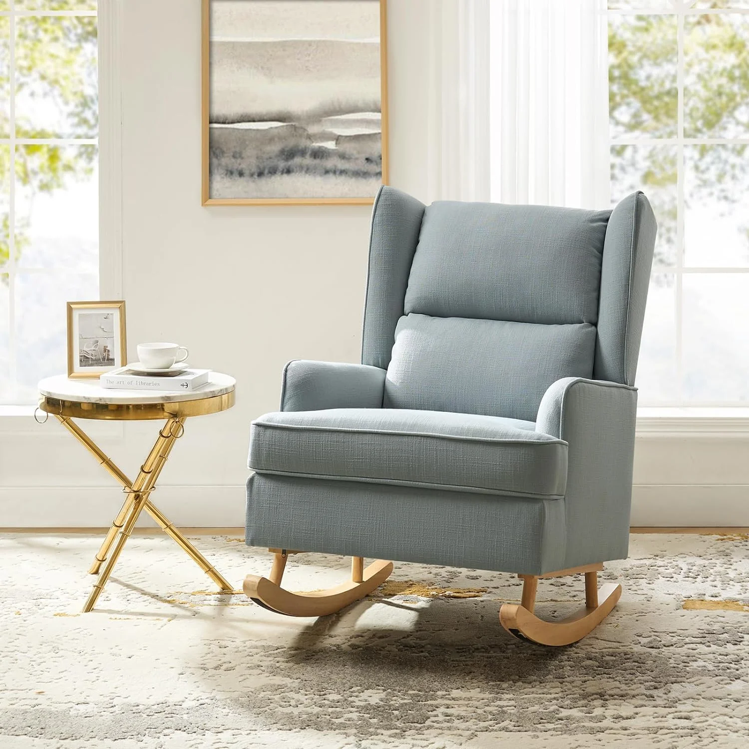 Modern Accent Rocking Chair Tufted Upholstered Linen Wingback For Nursery, Comfy Living Room Lounge Armchair