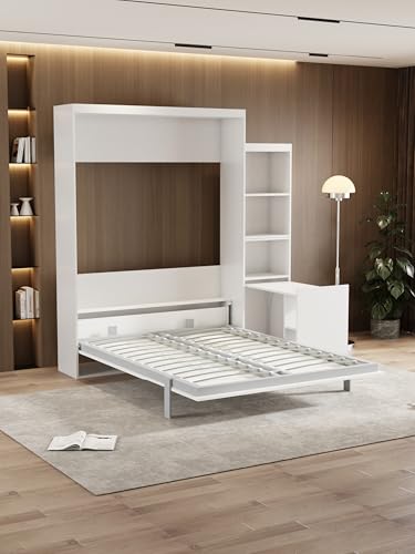 Full Size Murphy Bed Cabinet with Shelf and Drawers, Plywood Hidden Beds,Wall Bedframe for Bedroom,Space-Saving, Noise Free, White
