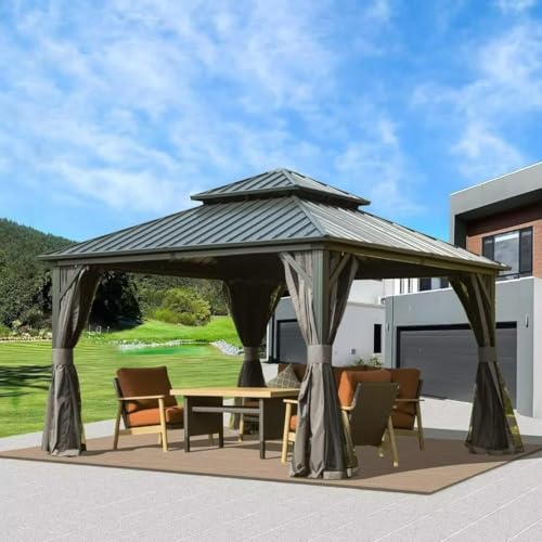 Domi 10’ x 10’ Hardtop Gazebo Metal Frame Canopy with Netting & Curtains