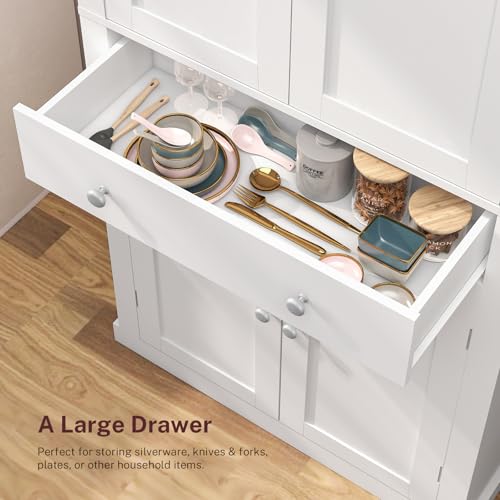 72” Pantry Cabinet, Kitchen Pantry Cabinet with 6 Doors Shelves & 1 Drawer, Kitchen Cabinets with 4 Door for Dinging Room, Living Room, White
