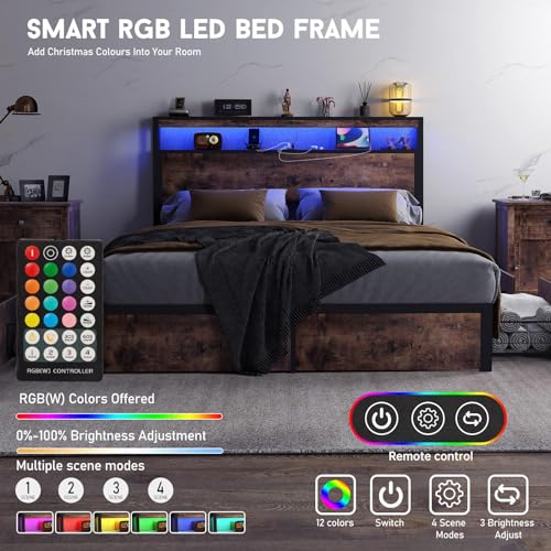 King Size Bed Frame with 4 Storage Drawers and Headboard with Charging Station and LED Lights,2 Tier Solid Wood Headboard Storage,Noise Free