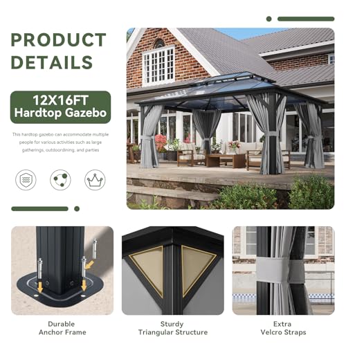 Aoxun 12'x10' Hardtop Gazebo, Aluminum Frame Permanent Pavilion with Curtains and Netting, Outdoor Polycarbonate Double Roof Canopy