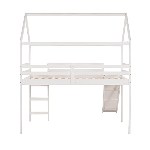 Merax Twin Over Twin House Bunk Bed Frames with Slide and Storage Staircase, No Box Spring Needed, White