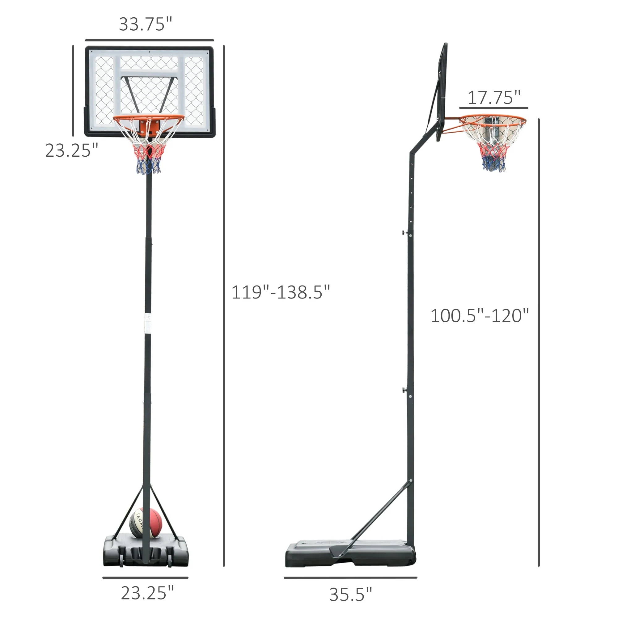 Soozier Portable Basketball System Hoop Stand with 34 In., Backboard, Wheels, Height Adjustable 8 Ft. to 10 Ft. for Indoor and Outdoor Use