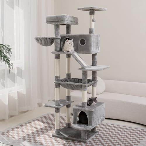 73 inches Large Cat Tree for Indoor Cats, Tall Cat Tower with Sisal Scratching Posts and Pads, Padded Plush Perch, Cozy Basket