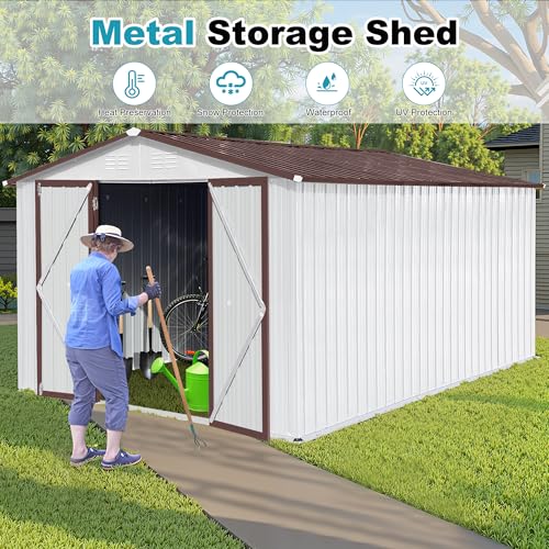 8x6 FT Outdoor Storage Shed, Metal Tool Shed with Lockable Doors, Peaked Roof & Frame Floor