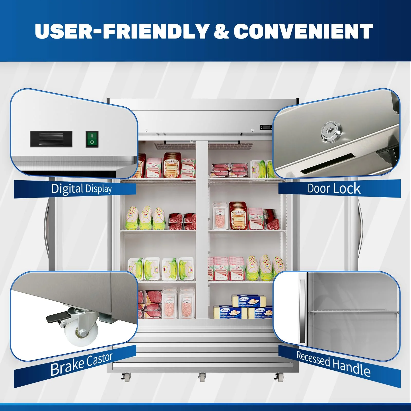 Chingoo Commercial Beverage Cooler 2 Glass Doors, 49 Cu.ft Stainless Steel Reach-in Upright Refrigerator for Bar Shop Office