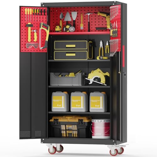 Metal Garage Storage Cabinet, Tall Garage Cabinets with 5 Adjustable Shelves, Steel Tool Storage Cabinet with Wheels