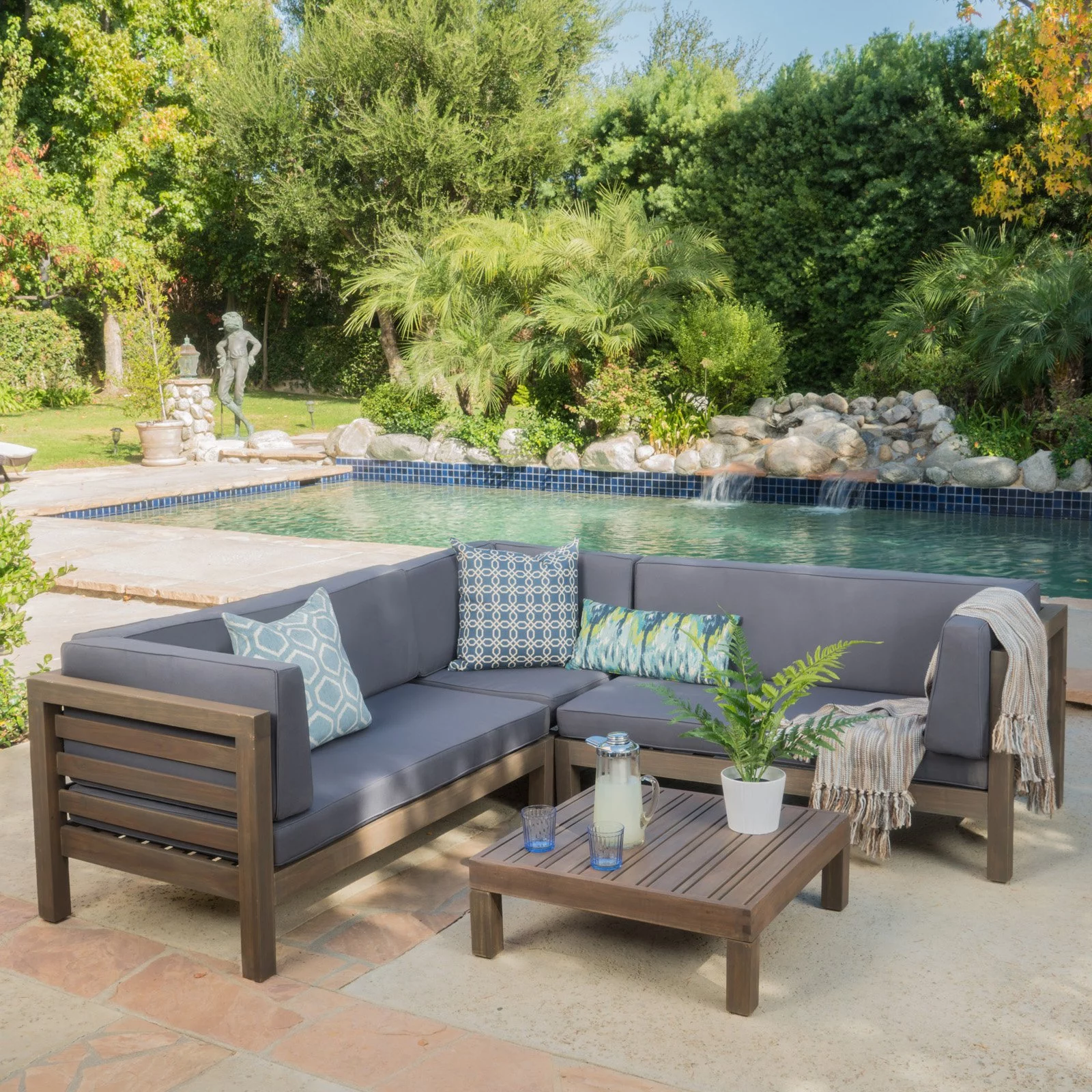 Oana Wooden 4 Piece Patio Sectional Sofa Set with Gray Cushions