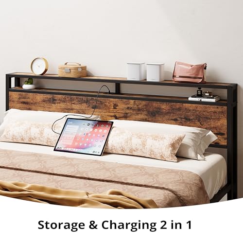 LIKIMIO King Bed Frame with Storage Headboard, Platform Bed with Drawers and Charging Station, No Box Spring Needed, Easy Assembly, Vintage Brown