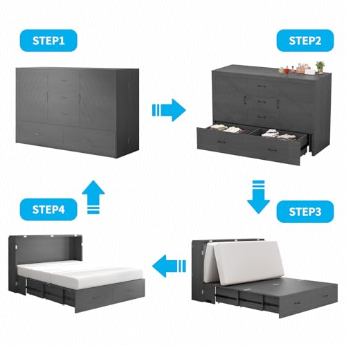 Mjkone Murphy Bed Cabinet,Built-in 3-Port Charging Station, 2 Storage Drawers, Foam Mattress, Queen Size Solid Wood Bed Cabinet