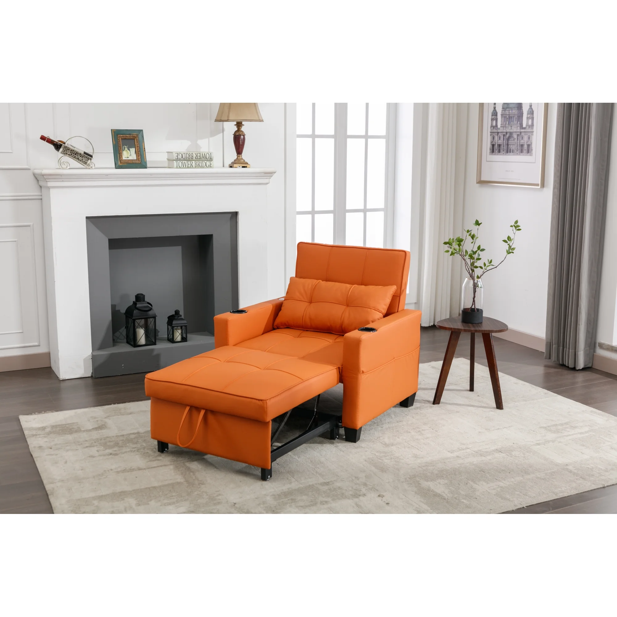 Futon Chair Bed Convertible Chair 3-in-1 Pull Out Sleeper Chair Beds with USB Ports, Armchair Bed Sleeper for Living Room (Orange Leather)