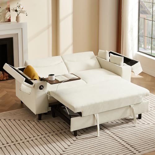 68.11" Corduroy Sleeper Chair Bed with USB Port, Cup Holders & Side Storage Pockets – 3-in-1 Foldable Sofa Bed for Guest Room, Living Room – White