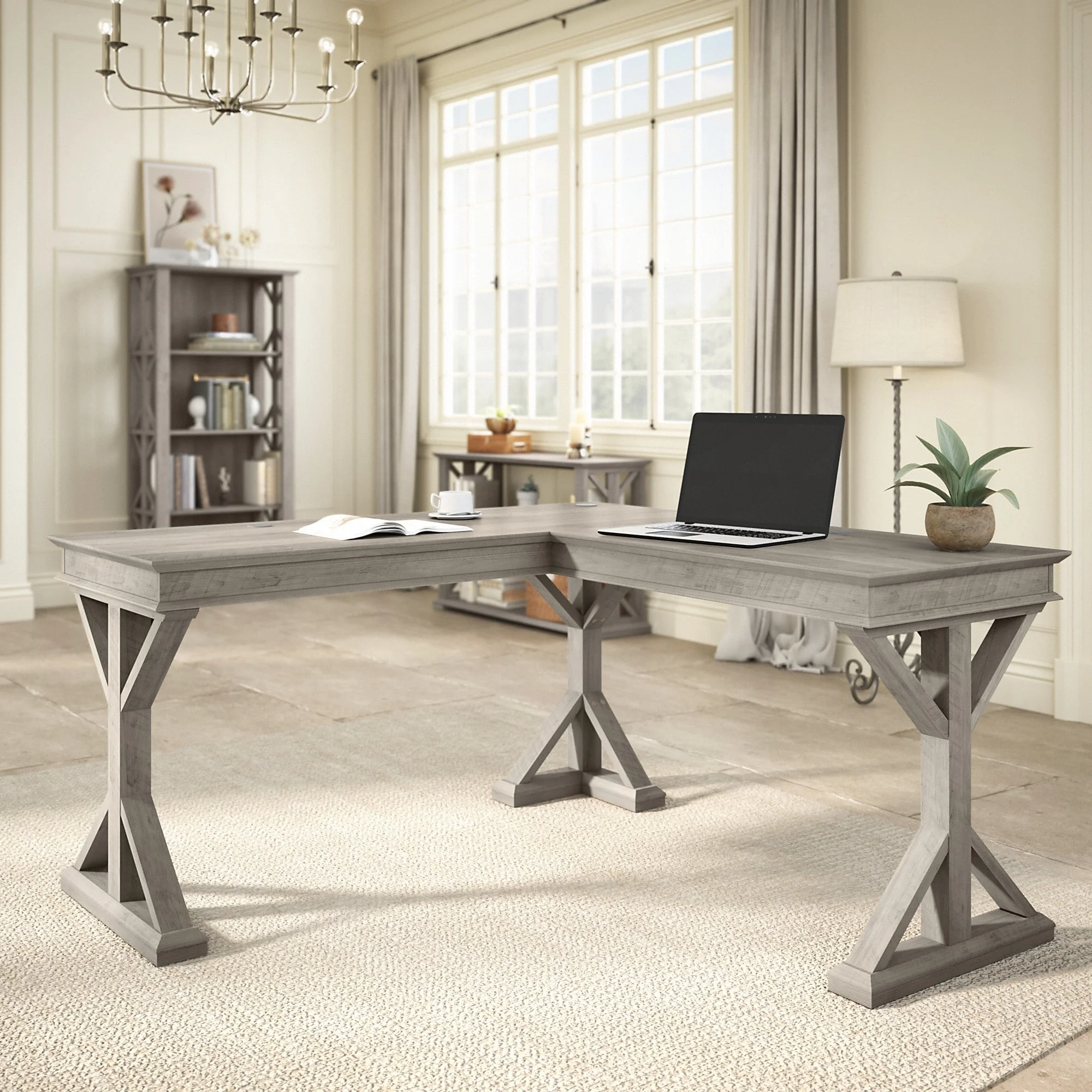 Homestead 60W Farmhouse L Shaped Desk in Linen White Oak - Engineered Wood