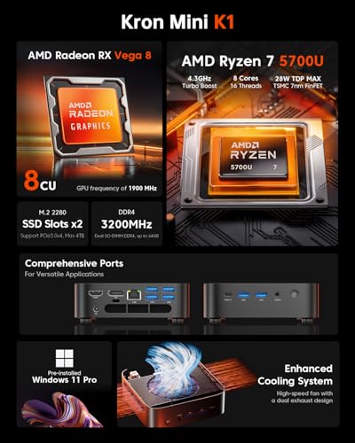 ACEMAGICIAN Kron Mini K1 Mini PC, Ryzen 7 5700U, 32GB DDR4 1TB NVMe SSD Mini Computers, Small Light Gaming PC 4K@60Hz Triple Display