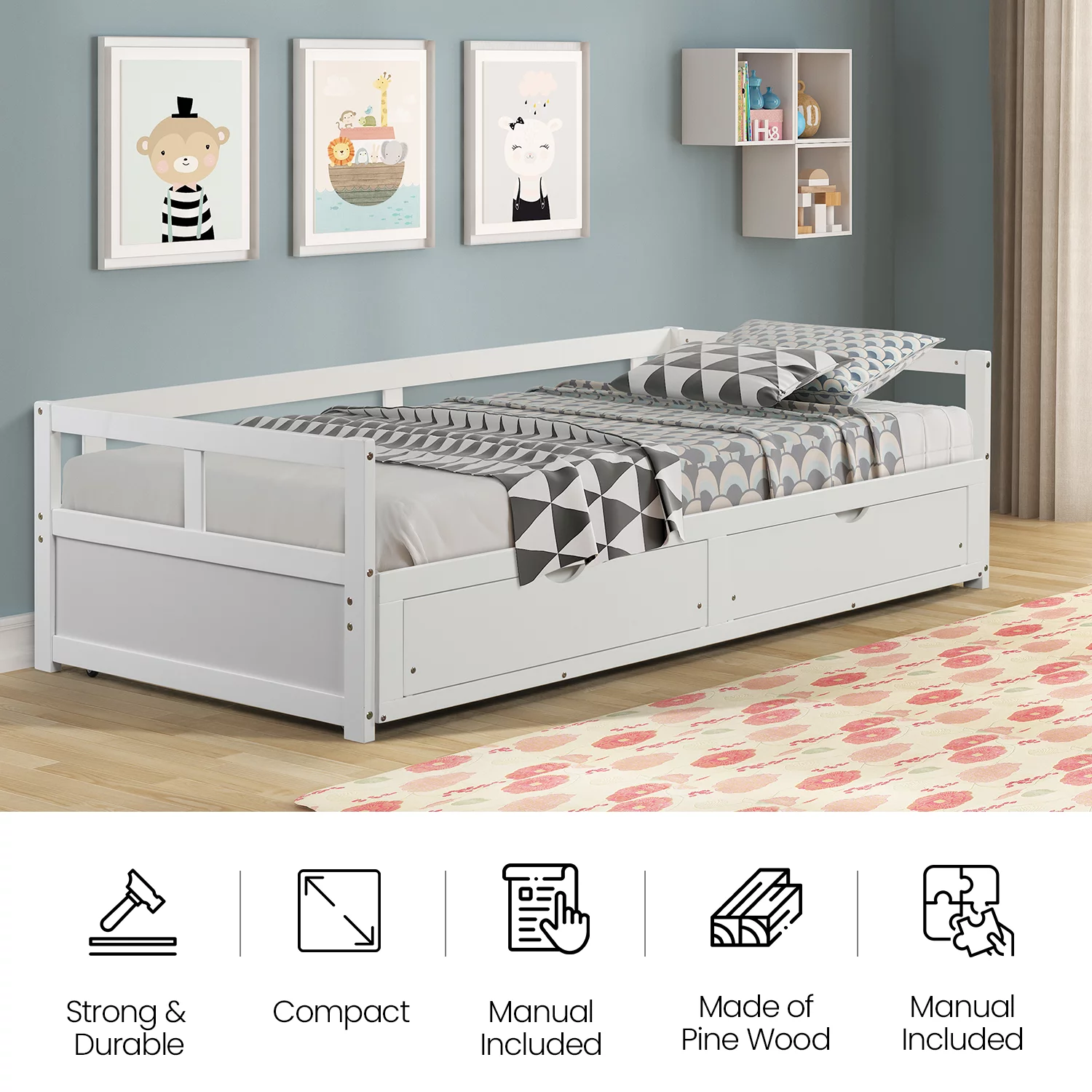 Hanway Twin Daybed with Two Drawers - White Solid Pine Wood Material