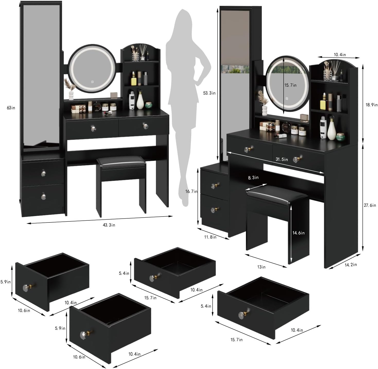 NicBex 43.3" Makeup Vanity Desk with Mirror and Full Body Mirror Cabinet, 3-Colors Vanity Mirror with 2 AC + 2 USB Socket