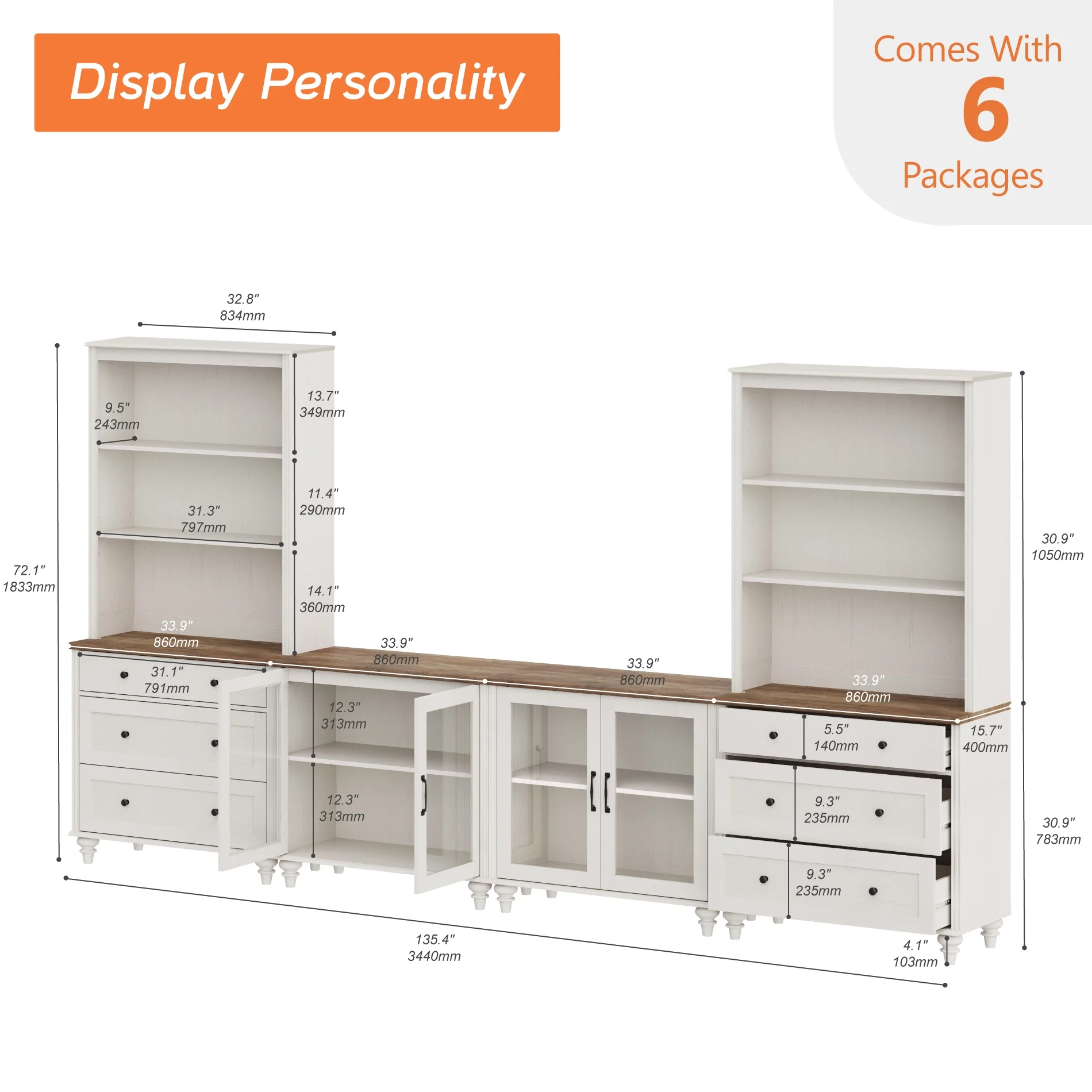 Entertainment Center with Bookshelves with Glass Doors & Drawer, Farmhouse Wall Unit TV Stand for TVs up to 75" , Media Console Table for Living Room