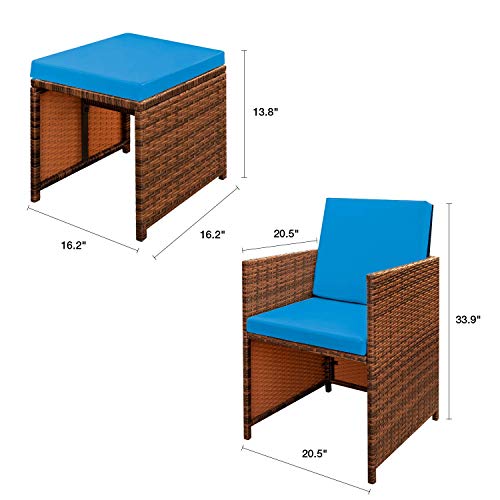 Devoko 9 Pieces Patio Dining Sets Outdoor Space Saving Rattan Chairs with Glass Table Patio Furniture Sets Cushioned Seating and Back Sectional