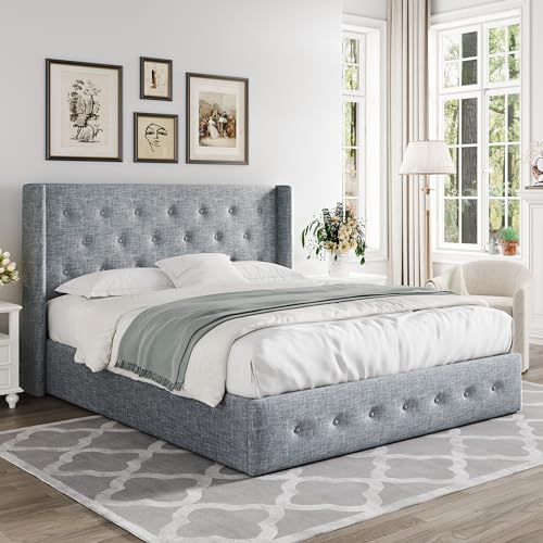 Allewie Full Size Lift Up Storage Bed, Modern Wingback Headboard, Hydraulic Support, No Box Spring Needed, Light Beige